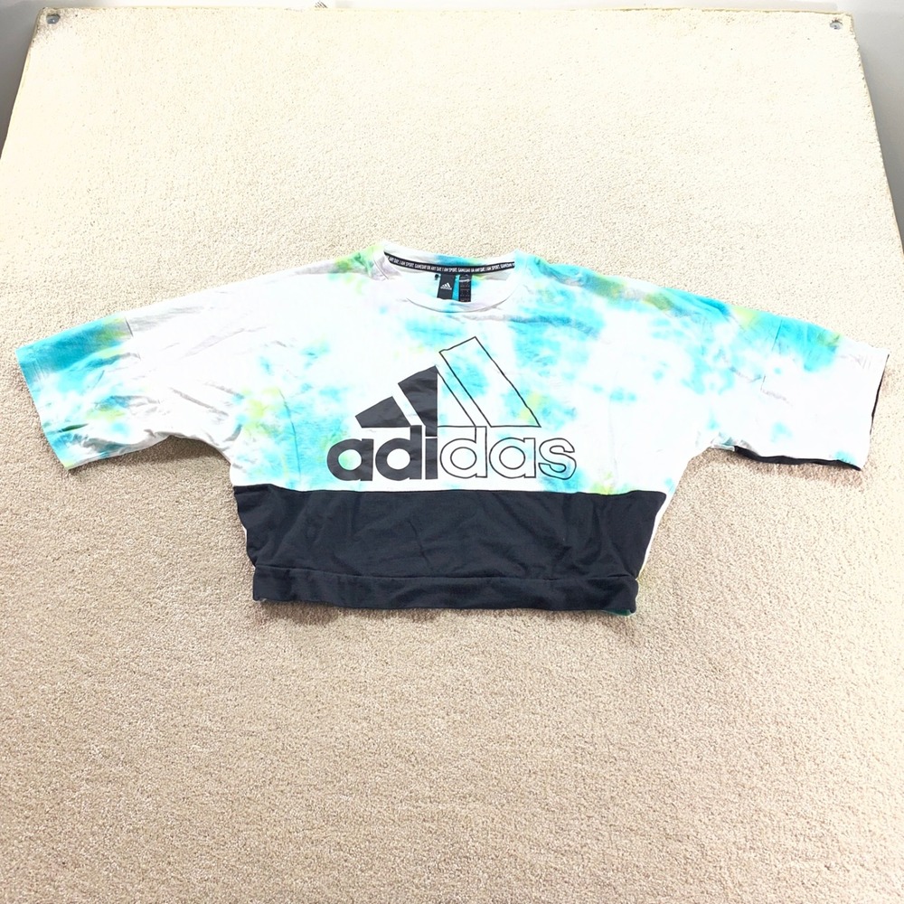 Adidas Tie Dye Cropped Shirt Womens Large Black White Blue Green Logo‎